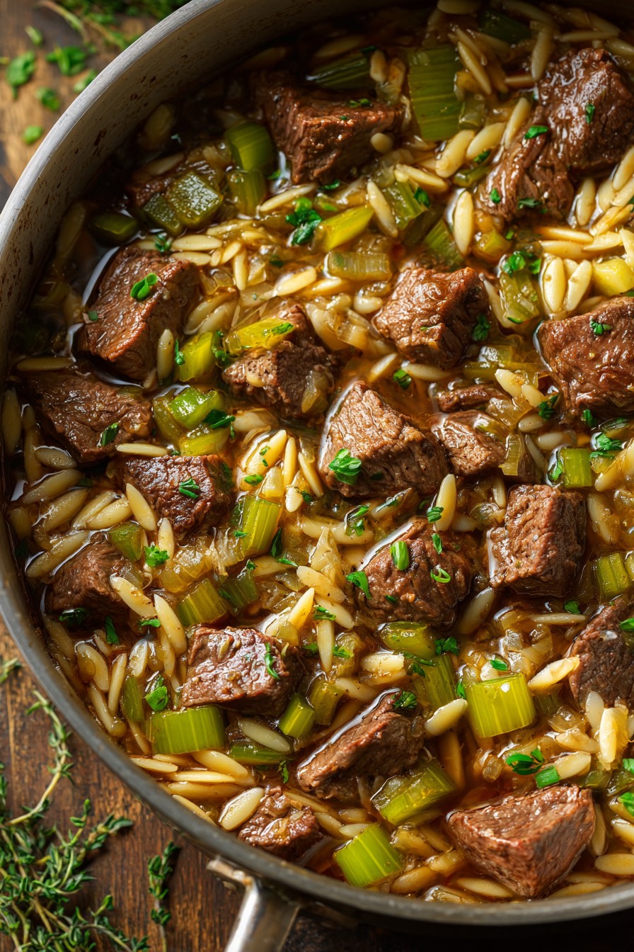 Beef Celery Orzo Stew
