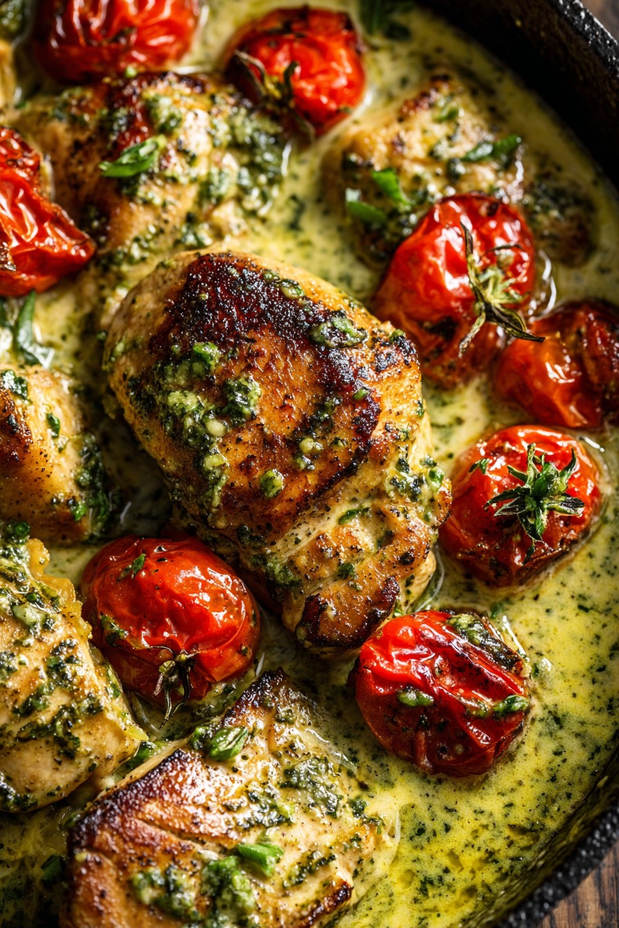 Creamy Pesto Chicken Roasted Tomatoes