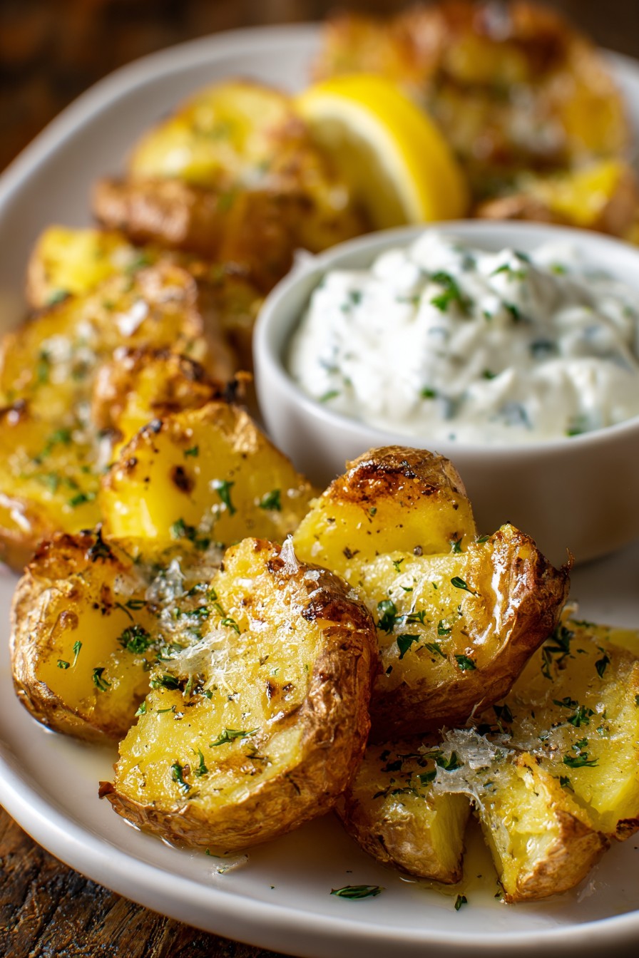 Crispy Smashed Potatoes Lemon Garlic Dip