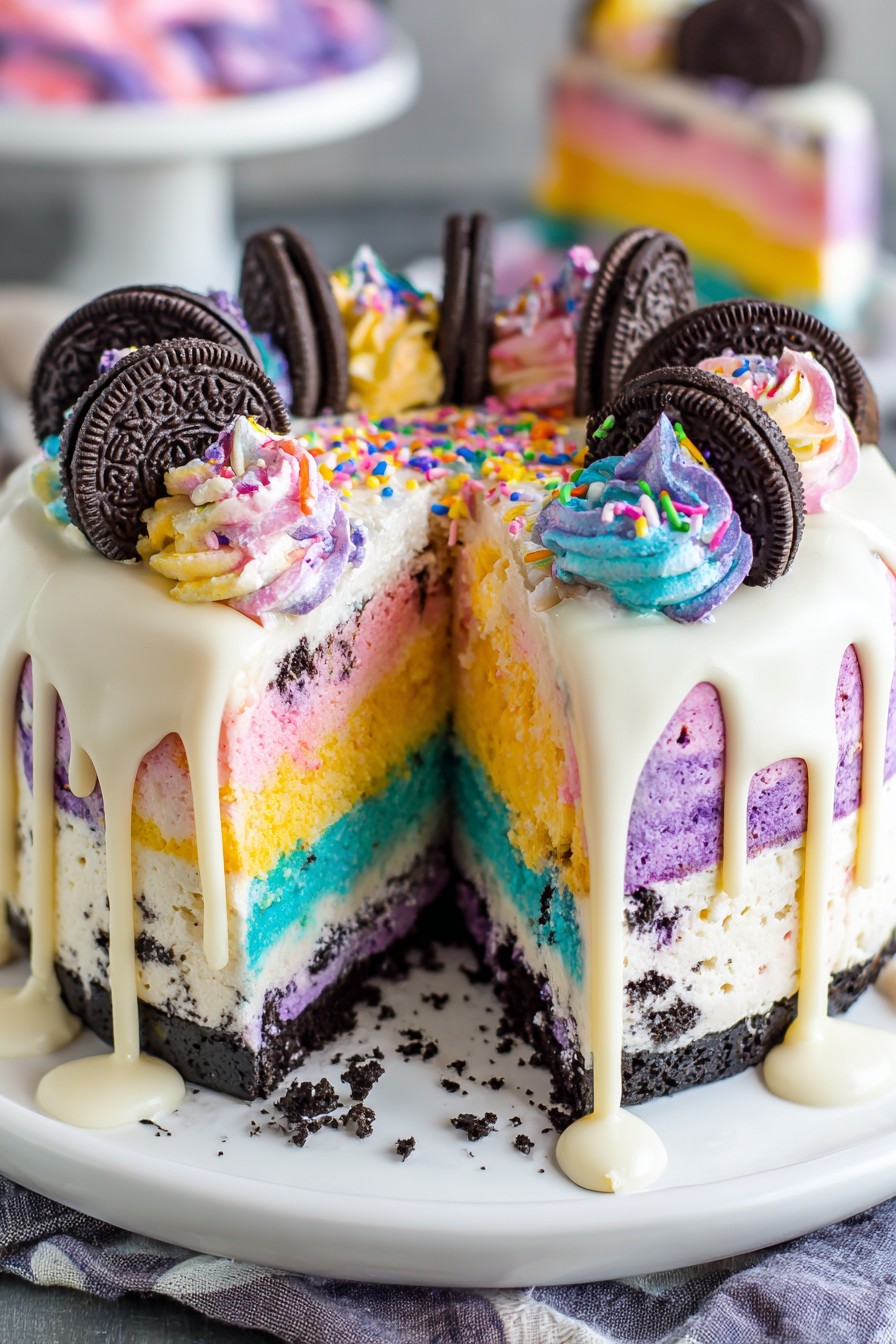Rainbow Oreo Cheesecake Drip Cake